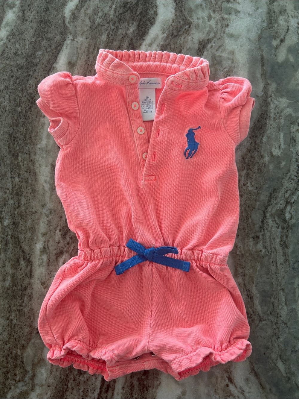 Ralph Lauren Coral Peach Romper with Blue Polo Logo